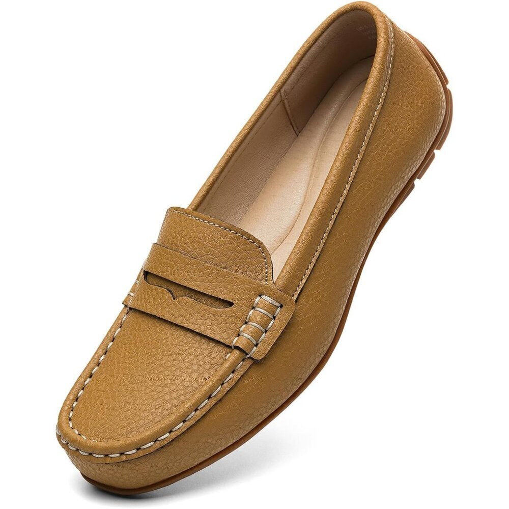 Kordal Women's Brown Leather Comfortable & Lightweight Penny Loafers Flats